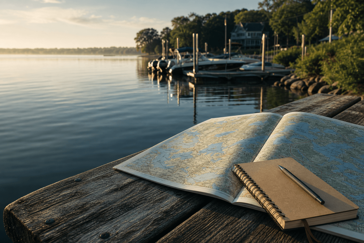 A local map and notebook resting on a dock beside Lake Minnetonka